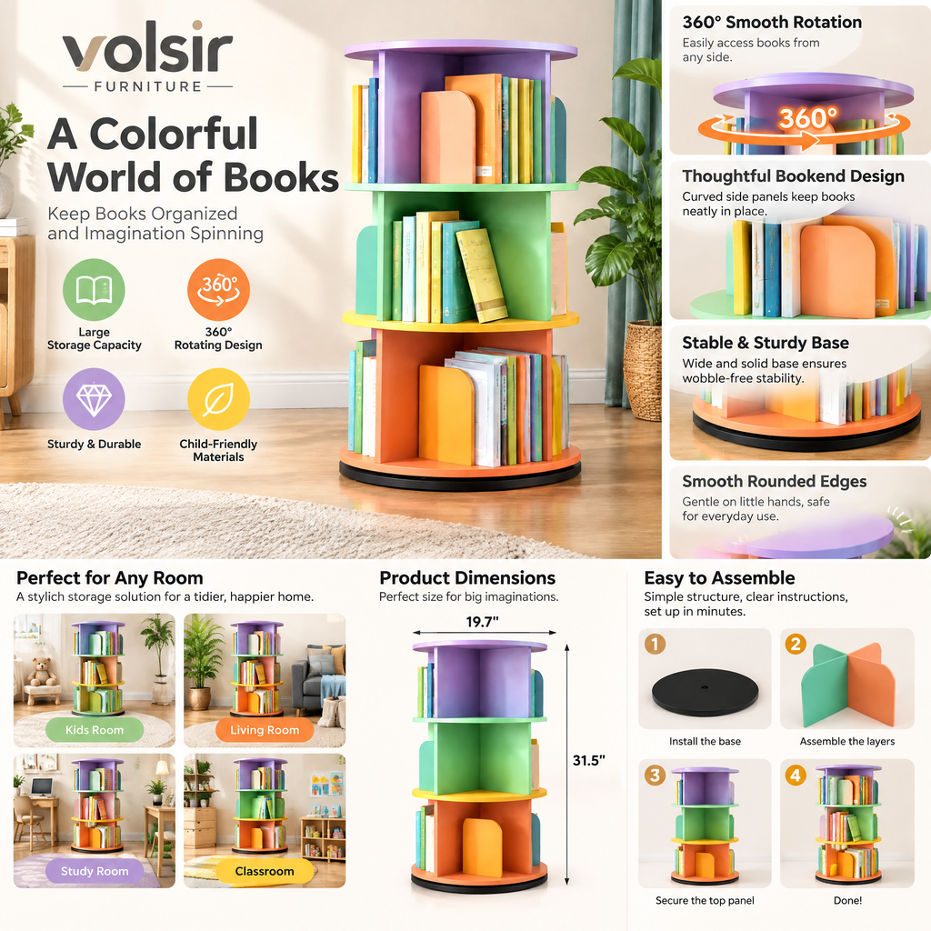 VOLSIR Multicolor Rotating Bookshelf