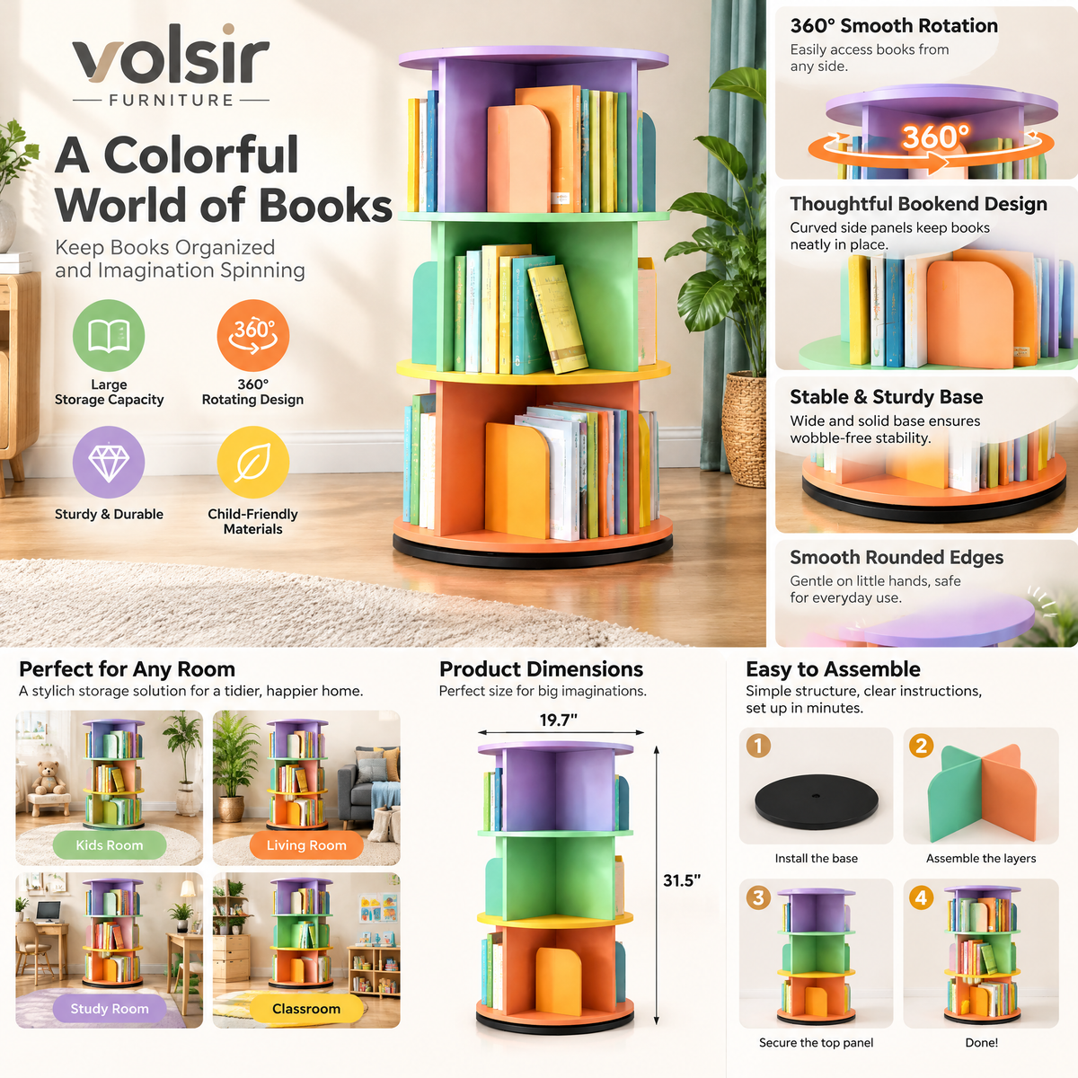 VOLSIR Multicolor Rotating Bookshelf