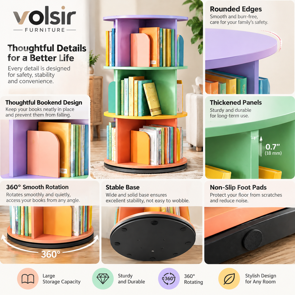 VOLSIR Multicolor Rotating Bookshelf
