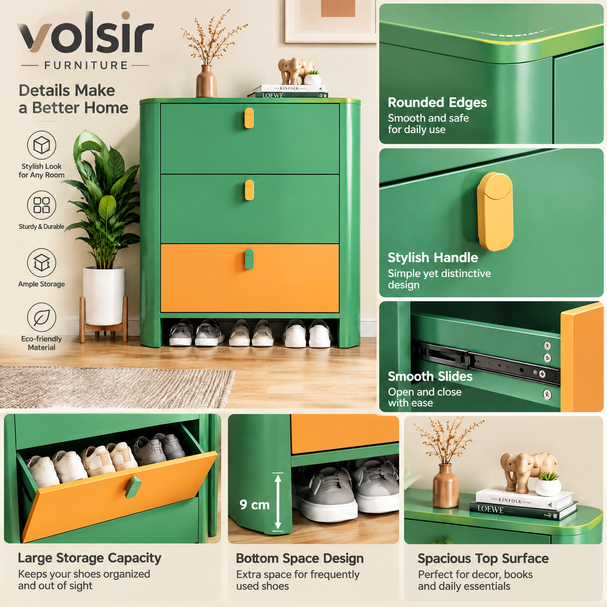 VOLSIR Green 3-Drawer Accent Cabinet