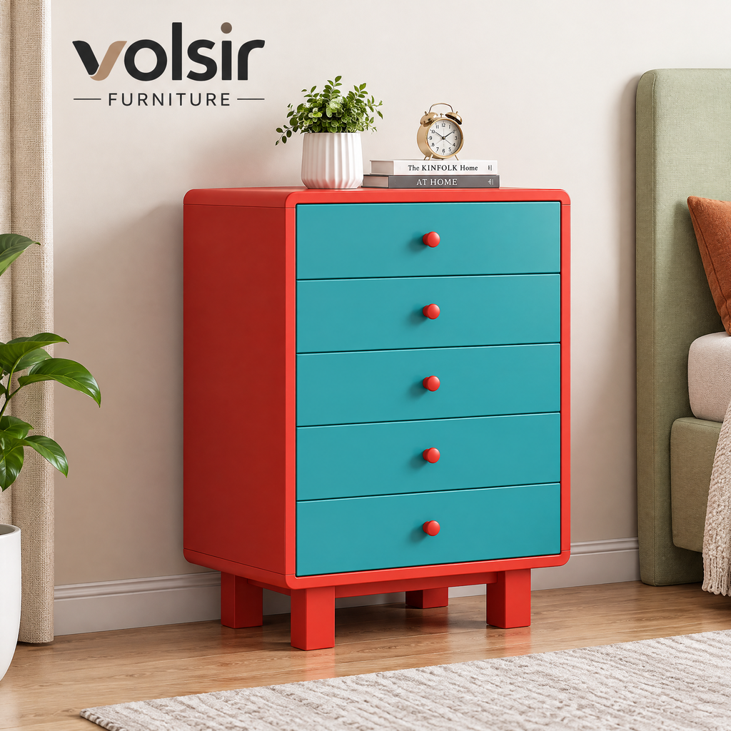 VOLSIR Red & Teal 5-Drawer Storage Cabinet