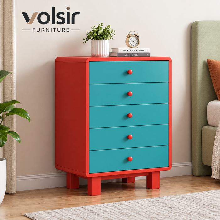 VOLSIR Red & Teal 5-Drawer Storage Cabinet