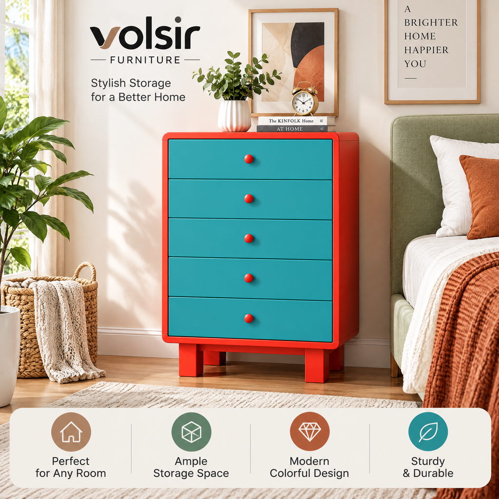 VOLSIR Red & Teal 5-Drawer Storage Cabinet