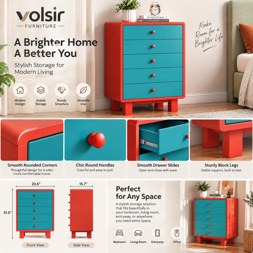 VOLSIR Red & Teal 5-Drawer Storage Cabinet