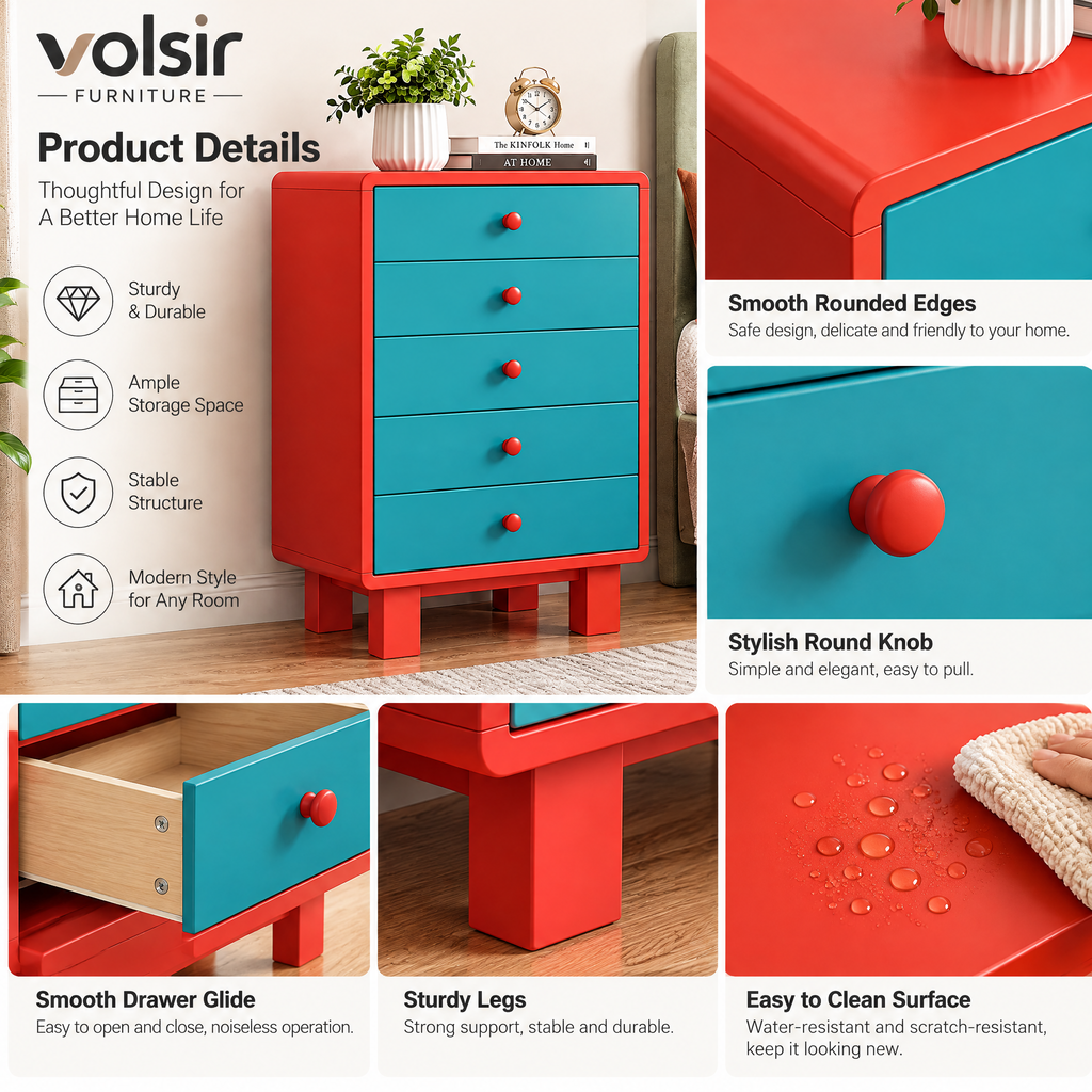 VOLSIR Red & Teal 5-Drawer Storage Cabinet