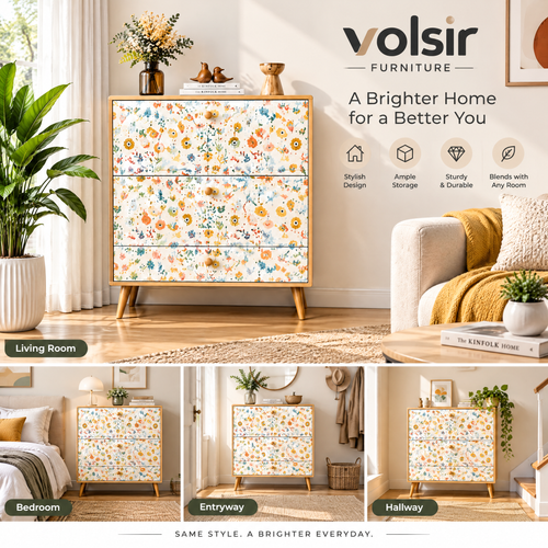 VOLSIR Floral 3-Drawer Accent Cabinet