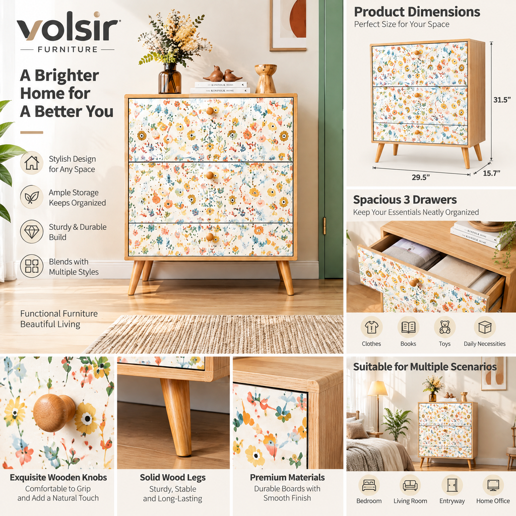 VOLSIR Floral 3-Drawer Accent Cabinet
