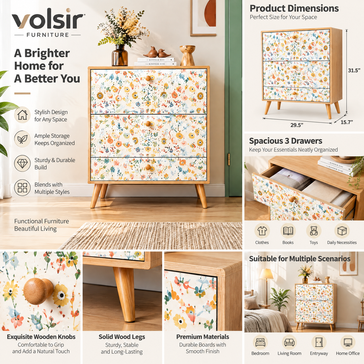 VOLSIR Floral 3-Drawer Accent Cabinet