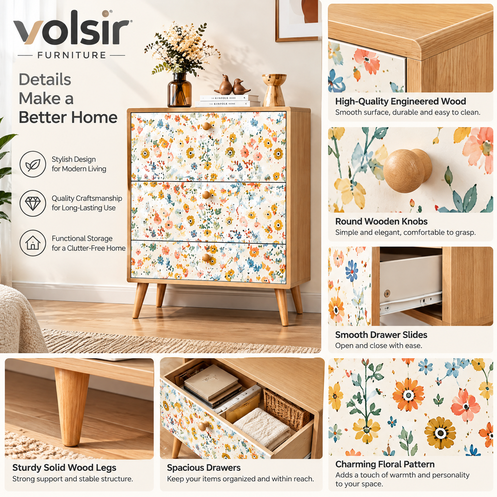 VOLSIR Floral 3-Drawer Accent Cabinet