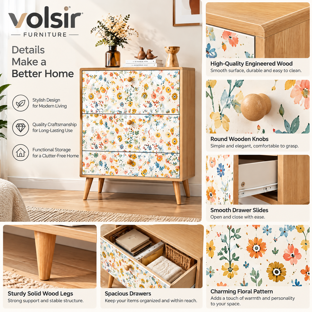 VOLSIR Floral 3-Drawer Accent Cabinet