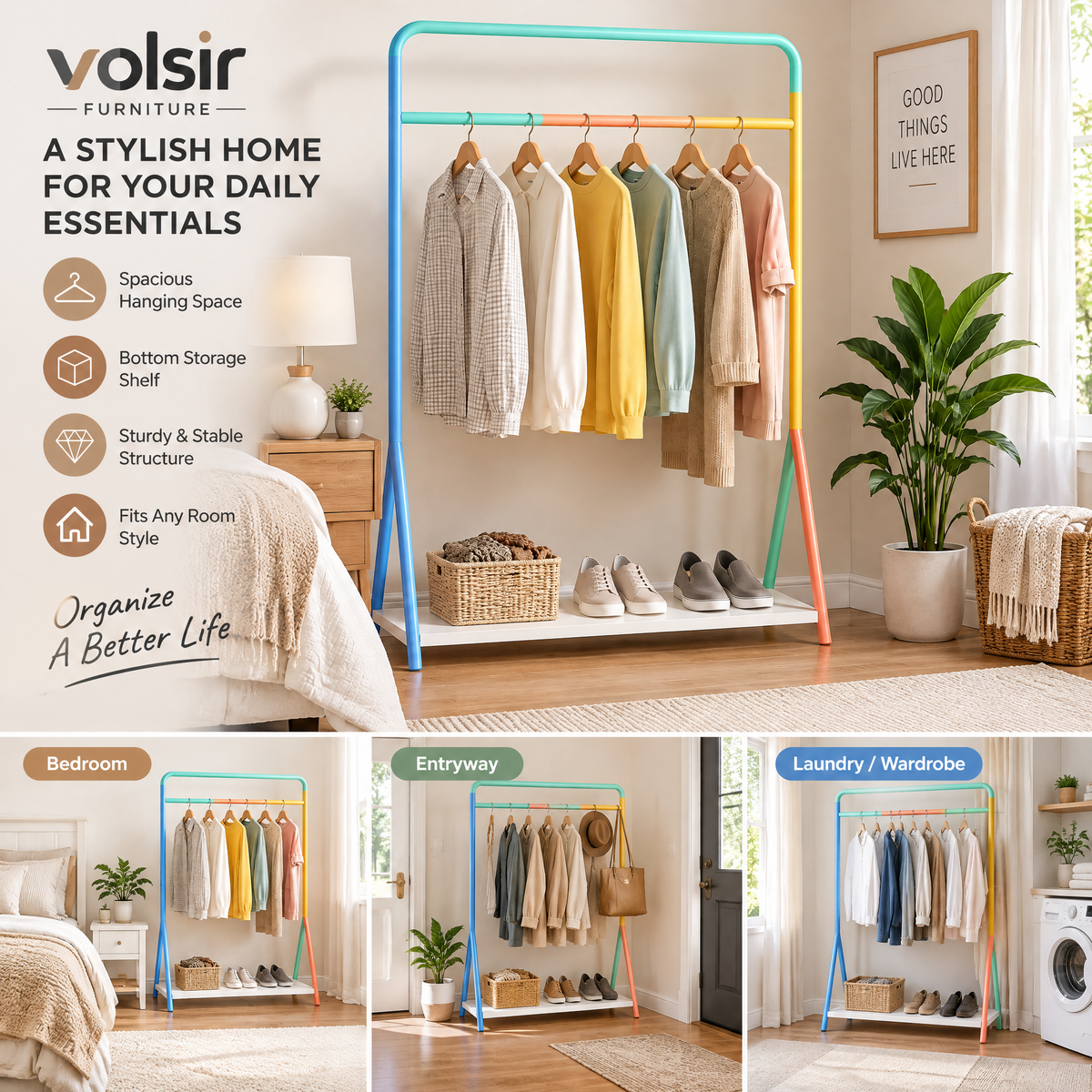 VOLSIR Pastel Garment Rack with Lower Shelf