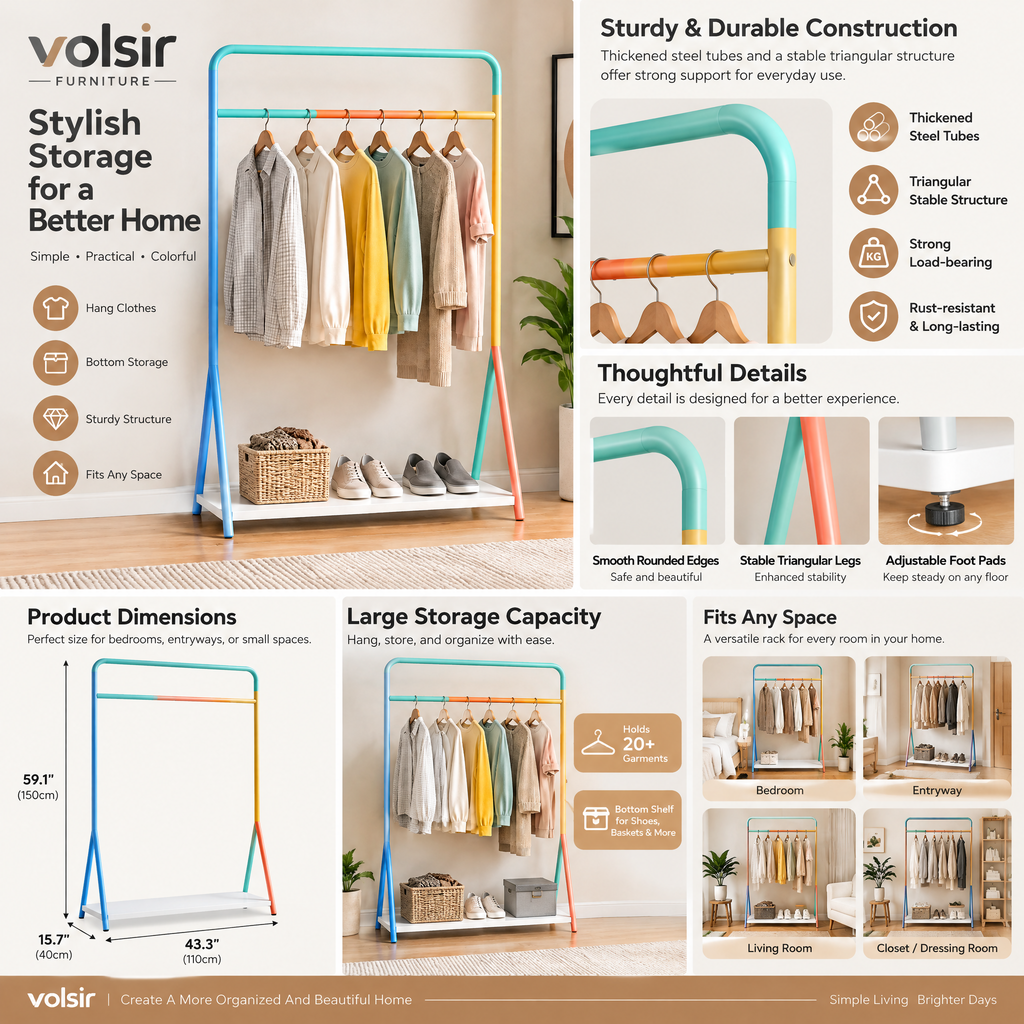 VOLSIR Pastel Garment Rack with Lower Shelf