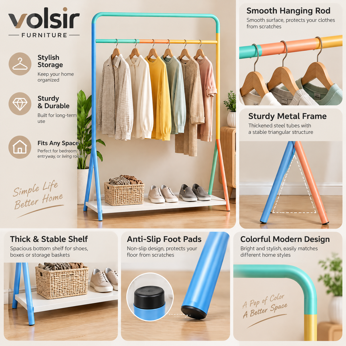 VOLSIR Pastel Garment Rack with Lower Shelf