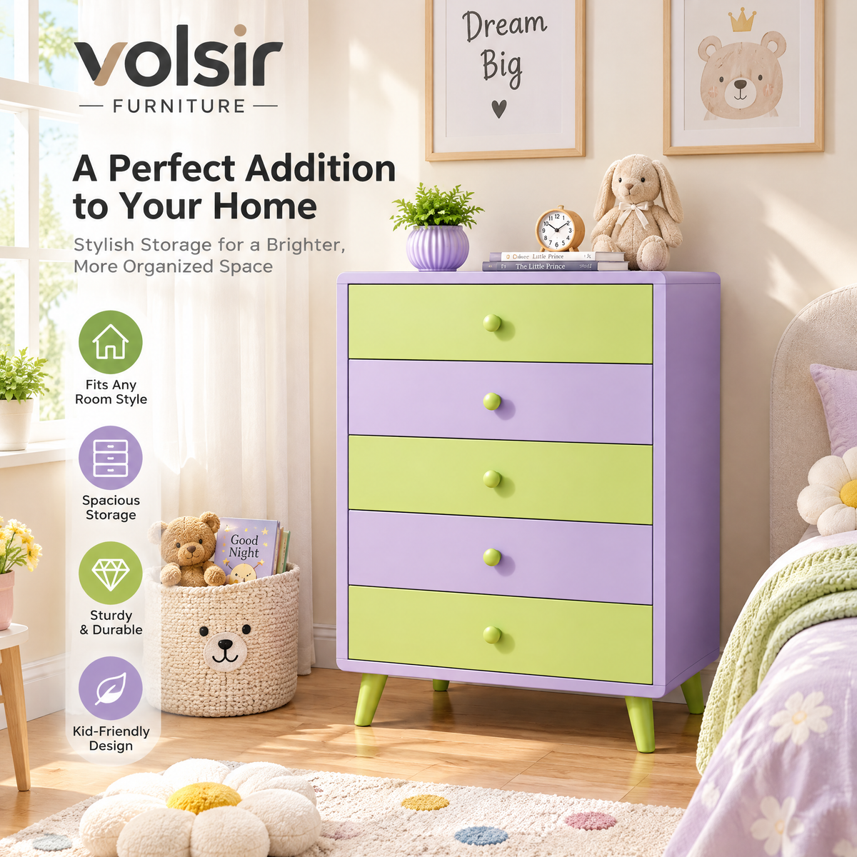 VOLSIR Purple & Lime 5-Drawer Storage Chest