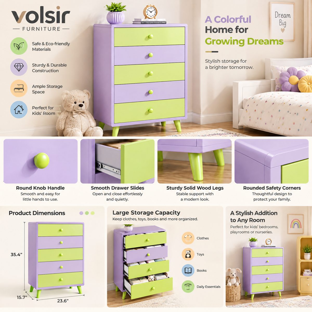 VOLSIR Purple & Lime 5-Drawer Storage Chest