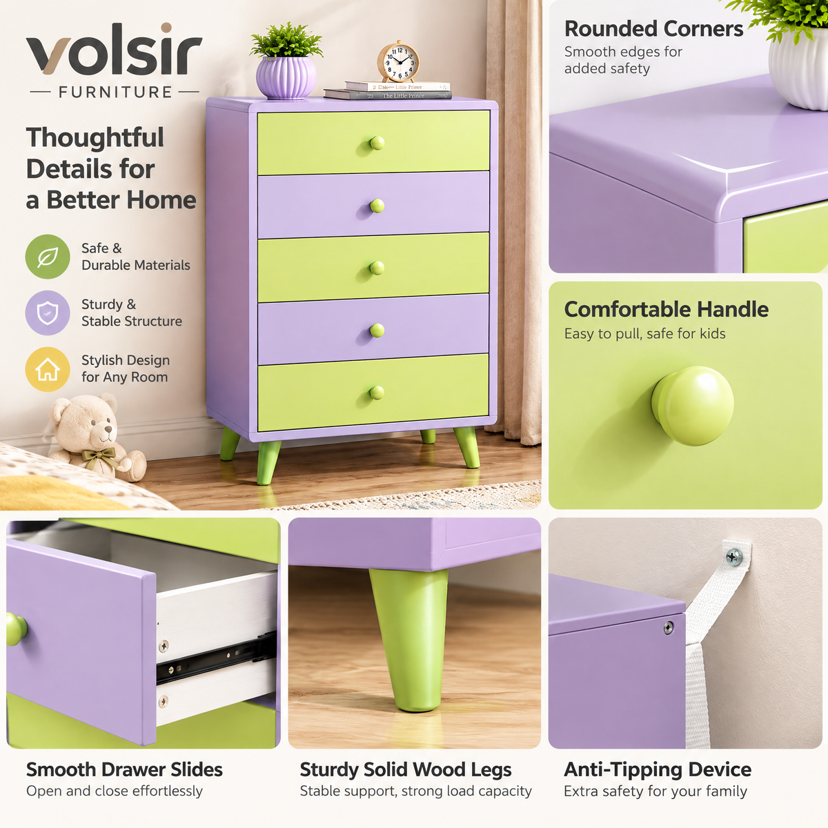 VOLSIR Purple & Lime 5-Drawer Storage Chest